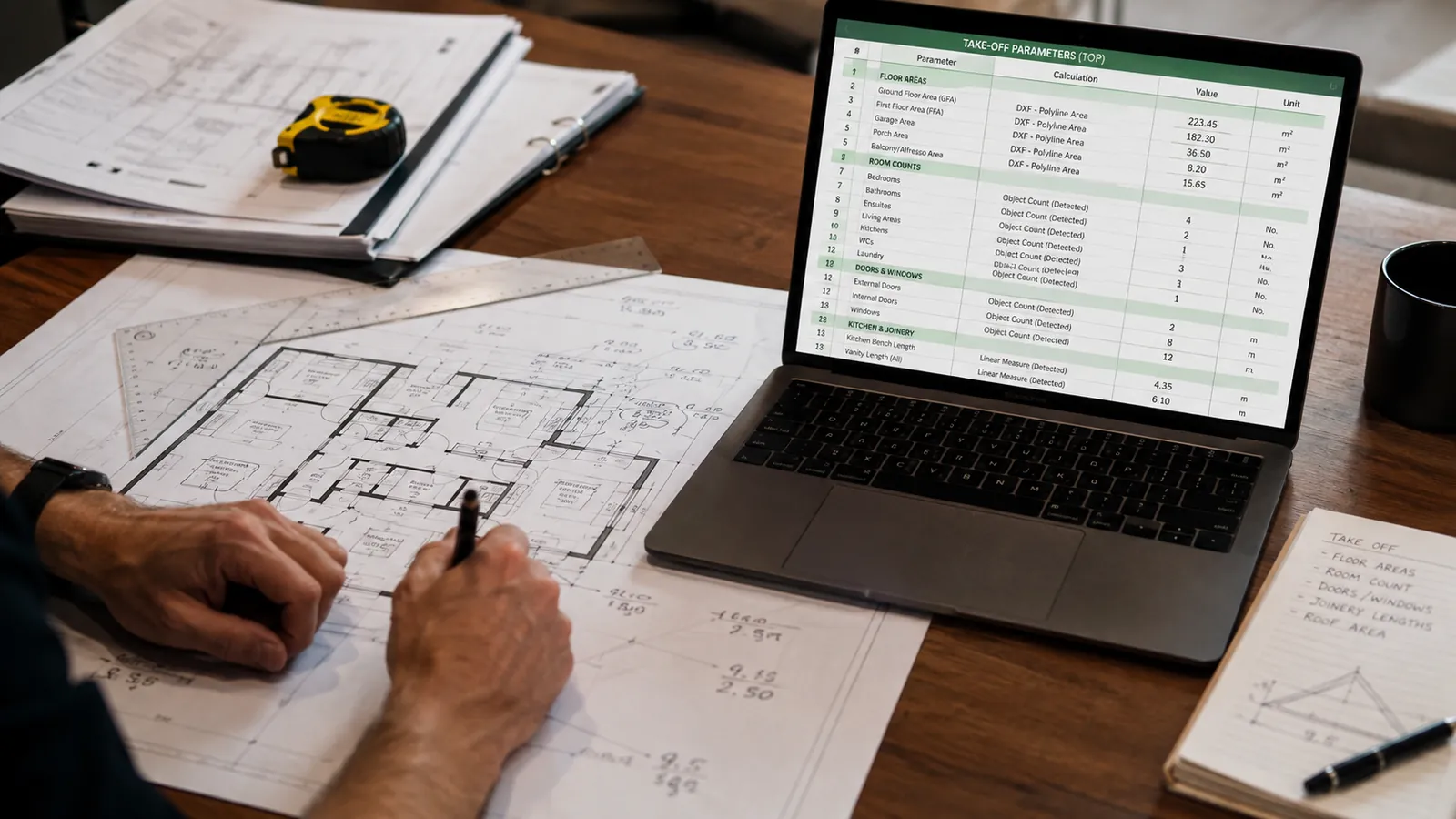 Residential floor plan beside a laptop showing a take-off parameters spreadsheet with floor areas, room counts and door and window counts