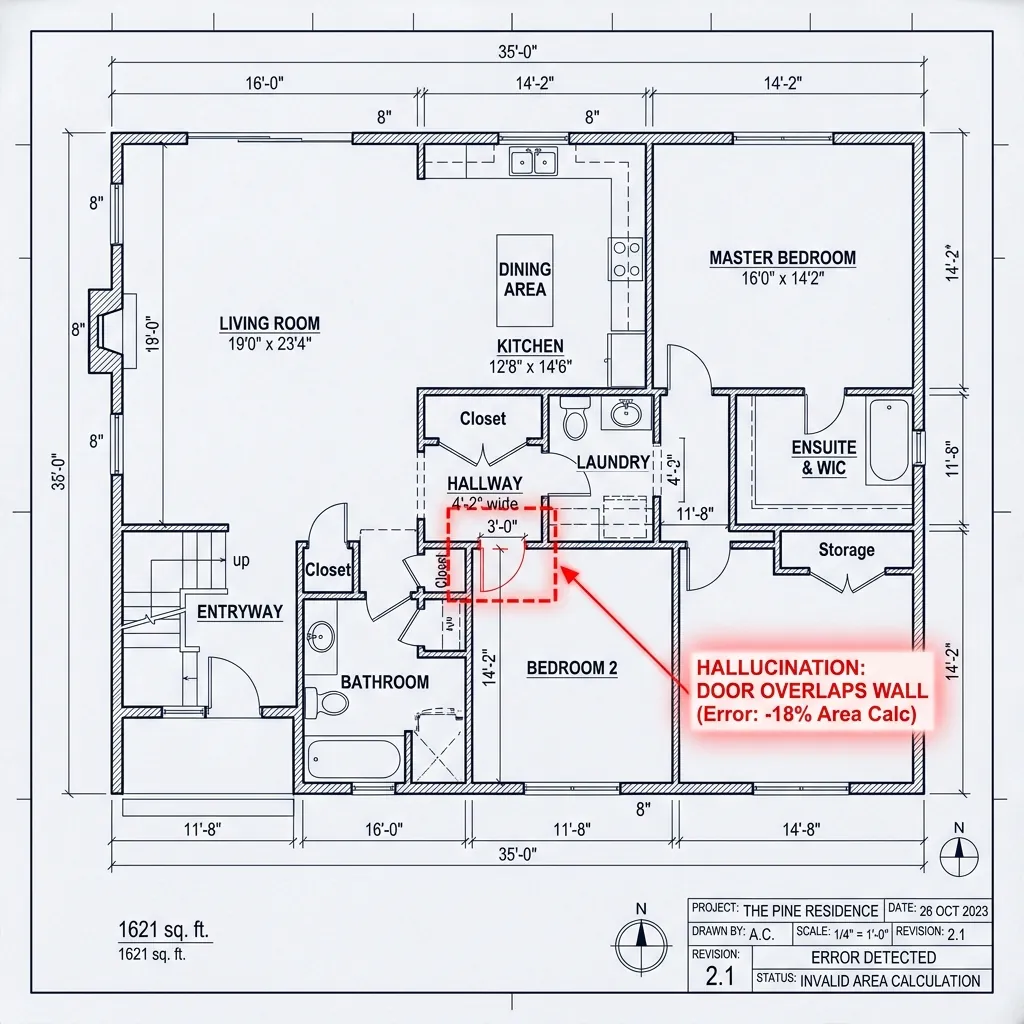 A floor plan alongside an AI-generated description containing counts that do not match the drawing