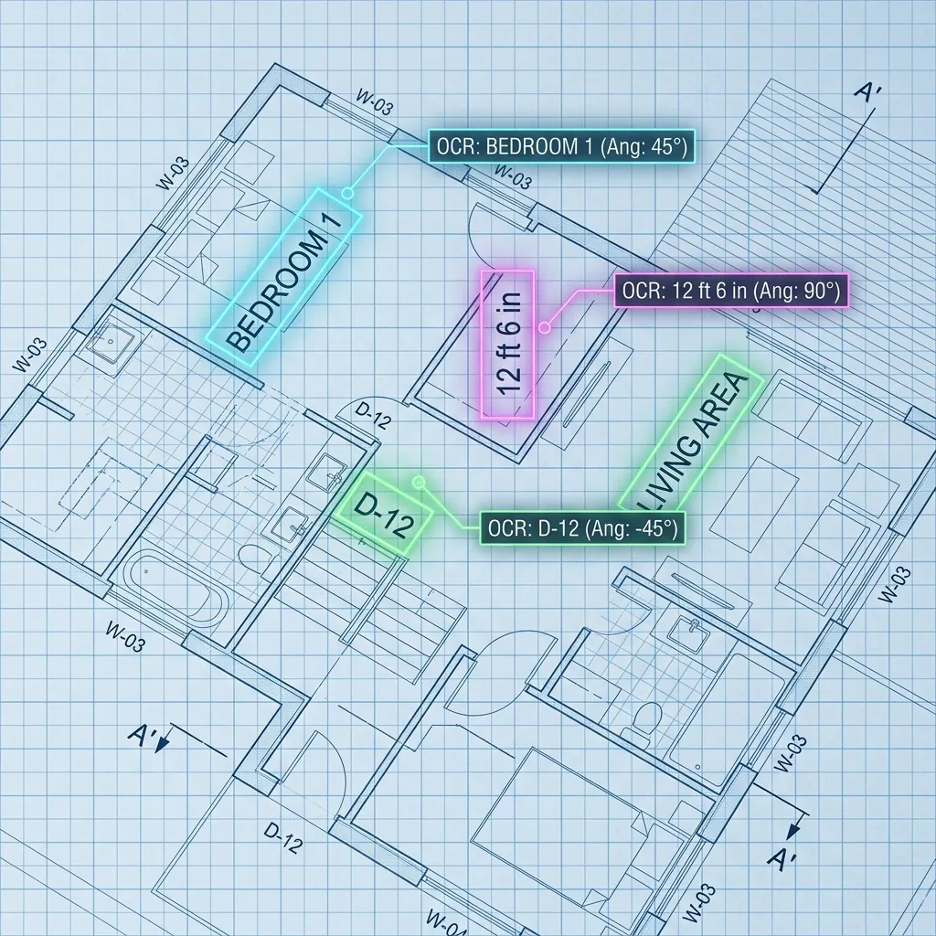 Blueprint with text at multiple rotations detected and read, each string boxed on the drawing